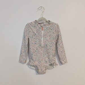 24M - Floral Long-Sleeve Rashguard Swimsuit - White with Pink & Blue Flowers